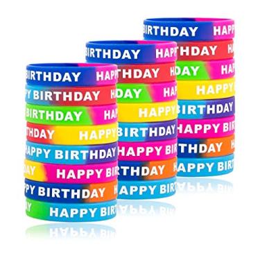 Imagem de Pulseiras de borracha para feliz aniversário, pulseiras de silicone colorido elásticas para aniversário, lembrancinhas, 8 estilos, 24 peças