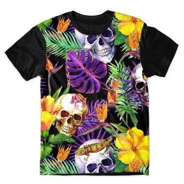 Imagem de Camiseta Masculina Full Print Caveira Flores Tropical
