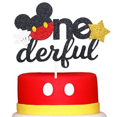 Imagem de Topo de bolo de primeiro aniversário inspirado no Mickey com glitter - decoração de bolo de aniversário Mickey One decoração para meninos suprimentos de festa