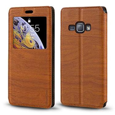 Imagem de Capa para Samsung Galaxy J1 6 Duos LTE, capa de couro de grão de madeira com suporte de cartão e janela, capa flip magnética para Samsung Galaxy J1 4G (4,5 polegadas) marrom