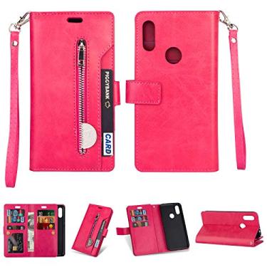 Imagem de Capa para Xiaomi Redmi 7 e Redmi GO, carteira de couro PU Folio Flip Case com zíper bolsos compartimentos para cartão fecho magnético capa protetora à prova de choque com alça de pulso para Xiaomi Redmi 7 e Redmi GO (rosa vermelha)