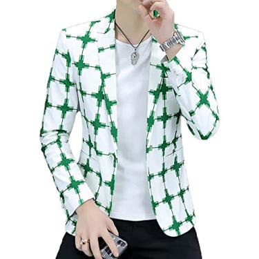 Imagem de Blazer masculino casual primavera xadrez slim terno jaqueta macio confortável casaco de um botão para casamento leve lapela externa, verde, GG (busto: 106 cm)