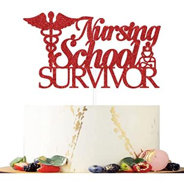 Imagem de Topo de bolo de enfermagem para sobrevivente, enfeite de bolo de parabéns enfermeira 2021, parabéns BSN/RN, Class of 2021, suprimentos de decoração de festa de formatura glitter vermelho