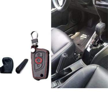 Imagem de Kit Capas Couro Manopla Câmbio Automático + Alavanca Freio de Mão + Chave Canivete 3 Botões Yaris 2018 2019 2020 2021