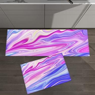 Imagem de Conjunto de 2 tapetes de cozinha abstrata textura fluida ombré roxo rosa azul para tapetes acolchoados no chão tapetes e tapetes antiderrapante absorvente corredor confortável tapete de pé