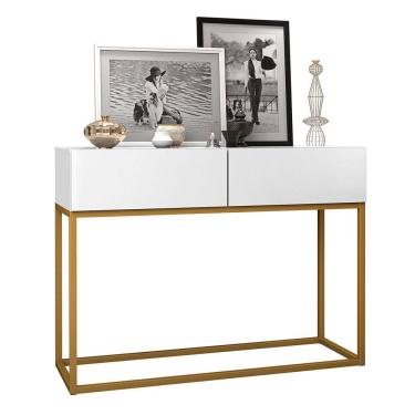 Imagem de Aparador Buffet Hall De Entrada Luxo Eros 02 Gavetas 90cm Branco Com Dourado