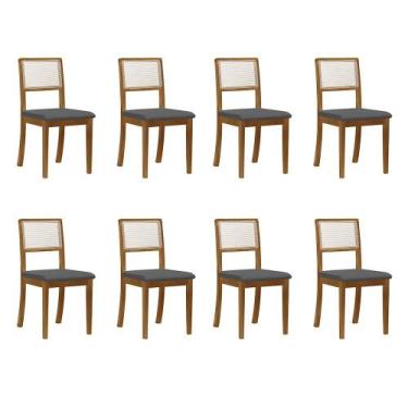 Imagem de Kit 8 Cadeiras De Jantar Luxo Palha Estofadas Linho Cinza Encosto Tela