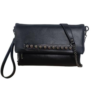 Imagem de NIGEDU Bolsa feminina dobrável com contas de couro PU com corrente transversal com envelope feminino para noite, Preto