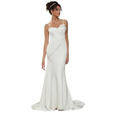 Imagem de Vestido de noiva sereia para noiva feminino crepe elegante vestido de noiva branco 3D flor com cauda de capela, Diamante branco, 0-2