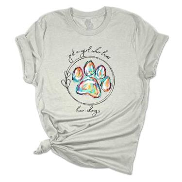 Imagem de Camiseta feminina com estampa de pata de cachorro Just A Girl Who Loves Her Dogs Camiseta de manga curta, Cinza atlético, P
