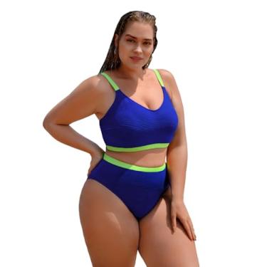Imagem de OYOANGLE Biquíni feminino plus size, 2 peças, cores contrastantes, alças finas, roupa de banho, Azul royal, 3G Plus Size