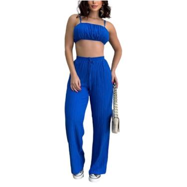 Imagem de bbpawing Conjunto feminino de 2 peças, sem mangas, cintura alta, calça larga, roupa de treino plissada, Azul, Small