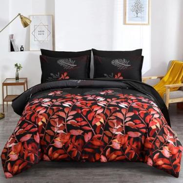 Imagem de Jogo de cama queen de 7 peças, cama em um saco, conjunto de cama preto, folhas botânicas vermelhas impressas em preto reversível, edredom leve de microfibra macia com conjunto de lençol, todas as