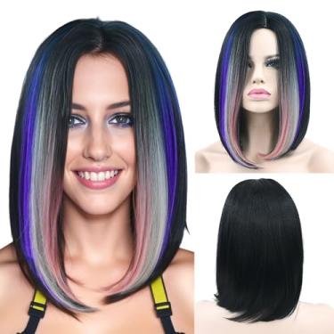 Imagem de IMISSU Perucas de cabelo natural bob perucas cosplay peruca de festa de fantasia de cor ombre para mulheres (Rosa Cinza Roxo)