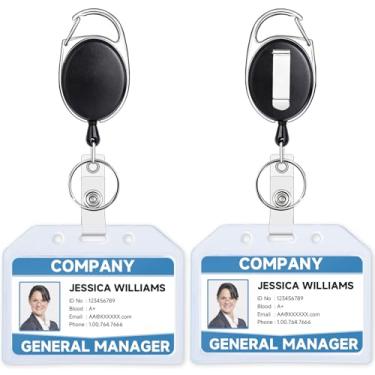Imagem de Teskyer Pacote com 2 porta-crachás retráteis resistentes com clipe de carretel mosquetão e porta-cartões de identificação, transparentes e extragrossos, horizontais