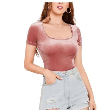 Imagem de Floerns Camisetas femininas de veludo com gola redonda, manga curta, caimento justo, rosa, P