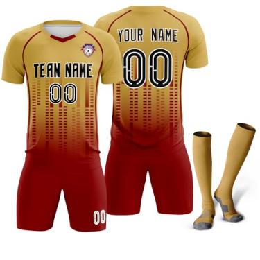 Imagem de Camisa de futebol personalizada uniforme de treino de futebol impresso logotipo com número de nome para crianças adultas, Cáqui, carmesim e preto-27, One Size
