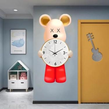 Imagem de Lewey Relógio de parede criativo urso tijolo desenho animado moda pendurar relógios de parede relógio moderno relógio de arte silenciosa simples relógios de decoração de casa (cor: vermelho sem luz,