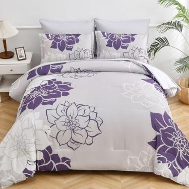 Imagem de Jogo de cama queen roxo com estampa de 7 peças, cama em um saco, floral roxo e conjunto de lençóis, macio e reversível (1 edredom, 2 fronhas, 1 lençol de cima, 1 lençol com elástico, 2 fronhas)