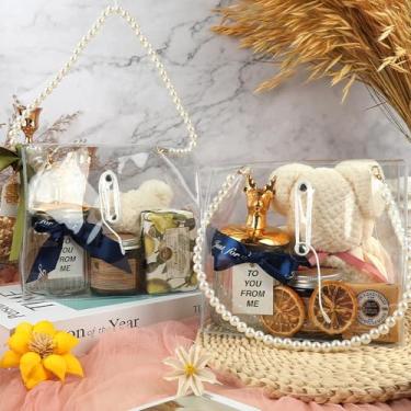 Imagem de Bolsa de presente transparente com alças de pérolas (2 peças, 20 x 19 x 10 cm), bolsa de plástico resistente à prova d'água para festa, mercadoria reutilizável, varejo, transparente, sacolas de
