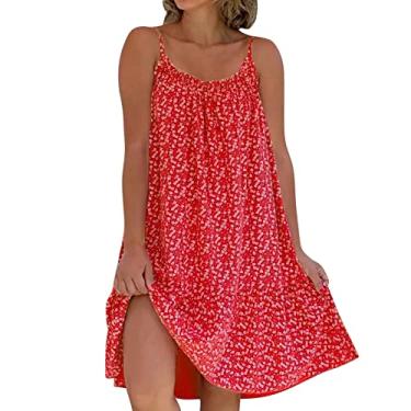 Imagem de Vestidos de primavera para mulheres 2024 alças finas vestido regata feminino verão férias curto mini vestido de verão estampa floral vestido de praia, Vermelho, XXG