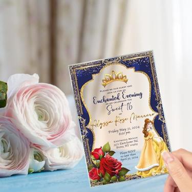 Imagem de Convite de quinze anos A Bela e a Fera, Princesa Bela, Vidro Transparente, Vestido Rosa Dourado Princesa, Mis Quince, Sweet 15, Sweet 16, XV Anos (10 Convites)