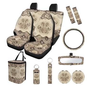 Imagem de Suobstales Boho Mandala Dog Paw Print Conjunto de 13 capas de assento de carro capa de volante porta-copos de carro chaveiros auto lixeira almofadas de cinto de segurança capa de espelho retrovisor