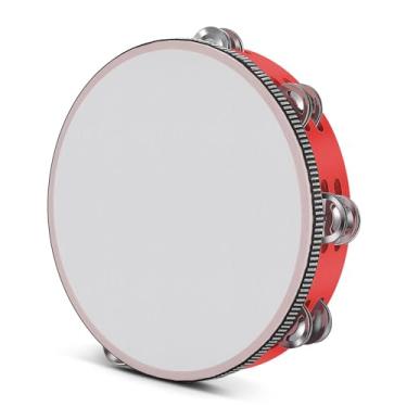 Imagem de Flexzion Pandeiro de mão de madeira para crianças e adultos 25 cm fileira dupla 8 pares de jingles (vermelho) - instrumento musical de percussão tamborinas redondas com zills de metal