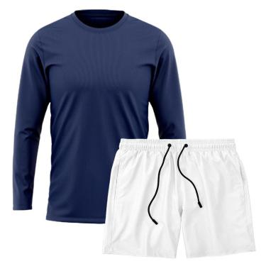 Imagem de Kit Short Praia Academia Passeio Treino Branco + Manga Longa Masculina Segunda Pele Dry-Masculino