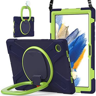 Imagem de Capa de rotação 360 para Samsung Galaxy Tab A8 10,5 polegadas, capa resistente, suporte de anel, alça de ombro, alça de mão, resistente, para crianças, adultos, ao ar livre, azul marinho + verde