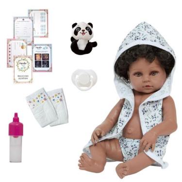 Imagem de Boneca Reborn Negra Cabelo Cacheado 100% Vinil Roupão Panda - Cegonha 