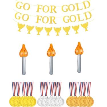 Imagem de Guoiondw Conjunto de 21 peças de decoração de festa esportiva, medalhas vencedoras de ouro prata bronze, adereços de tocha de mão para esportes com tema havaiano festa de aniversário esportes prêmios