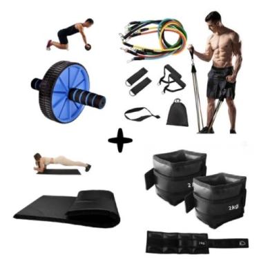 Imagem de Kit Colchonte Preto+ Kit Extersor Elástico+ Par de Caneleira 2 Kg+ Rod