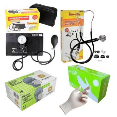 Imagem de Kit medidor de pressão esteto máscara e luvas caixa Preto - Premium