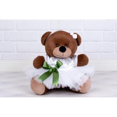 Imagem de PELUCIA URSO TEDDE 15 CM - DAMINHA CETIM BRANCO (PELUCIA MARROM - DETALHE VERDE)