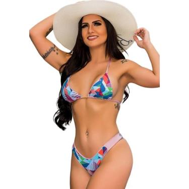 Imagem de Biquíni Feminino Cortininha com Bojo Calcinha Fio Dental e Dupla Face 