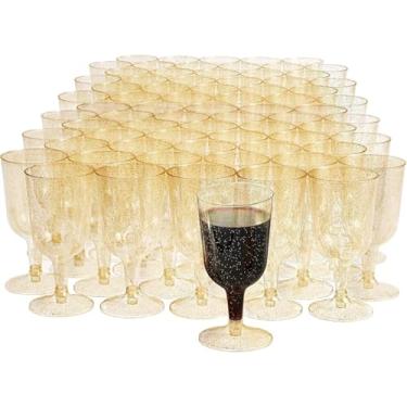Imagem de MATANA 50 taças de vinho de plástico com glitter dourado para casamentos, aniversários, chás de panela e festas, 170 g - Resistente e reutilizável
