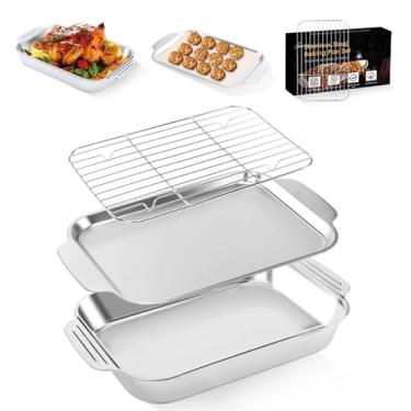 Imagem de Conjunto de assadeiras com rack: Conjunto de 3 peças de assadeiras de aço inoxidável, assadeiras de cozinha de alça larga para biscoitos, bolos, assadeiras de lasanha de 40 x 24 cm de profundidade,