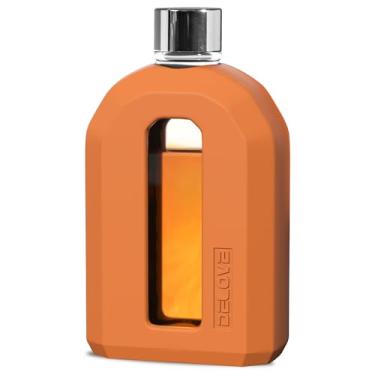 Imagem de Delove Garrafa de vidro moderna com manga de silicone - Garrafa portátil de licor e bebida espirituosa - Frasco de licor plano transparente para homens - 220 ml, marrom