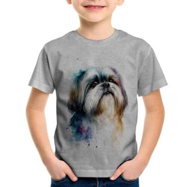 Imagem de Camiseta Infantil Cachorro Shih Tzu Watercolor - Foca na Moda, Cinza, 