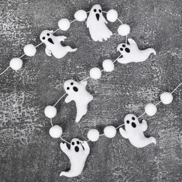 Imagem de JarThenaAMCS Faixa de feltro fantasma de Halloween de 2,5 m com bola de pompom de fantasma fofo faixa pré-amarrada enfeite de guirlanda de Halloween para casa assombrada festa em casa sala de aula