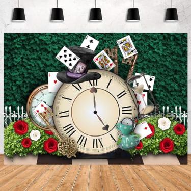 Imagem de InMemory Pano de fundo verde do país das maravilhas rosa relógio mágico bule de chá encantado cartões de pôquer crianças chá de bebê decorações de festa de chá banner fundo fotográfico 2,1 x 1,5 m