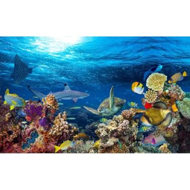 Imagem de Fundo do mundo sob o mar, peixes tropicais, colorido, recifes de corais, fotografia panorâmica, tartaruga, tubarão, azul, mar, cenários de vida subaquática, paisagens marítimas, adereços de festa de