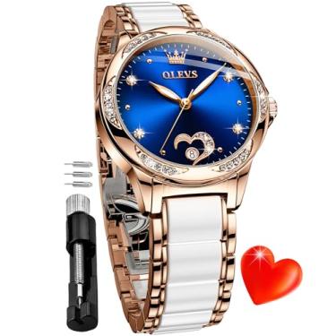 Imagem de OLEVS Feminino Relógio Automático com Corda Automática, Relógio de Pulso com Diamante, Vestido de Luxo, Ouro Rosa, Relógio de Cerâmica Para, Amor, Coração, Data