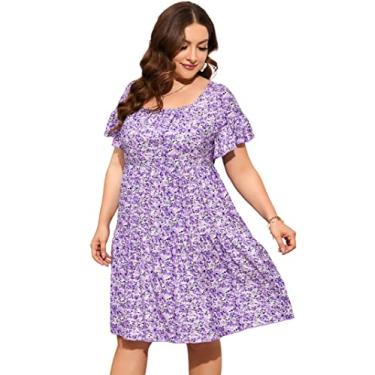 Imagem de ShopWonder Vestido de verão feminino plus size, gola V, comprimento até o joelho, plus size, evasê, rodado, com bolsos, Flor roxa, 4G