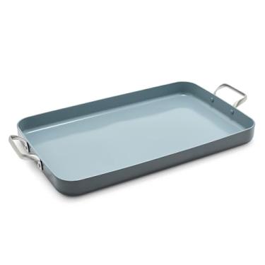 Imagem de GreenPan Frigideira Valencia Pro de 45,7 cm x 28 cm com queimador duplo, adequada para indução, cerâmica antiaderente sem PFAS, panelas retangulares, cabos de aço inoxidável, seguro para lava-louças,