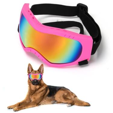 Imagem de Óculos de sol para cães, óculos para animais de estimação, com alça ajustável, óculos de natação para cães médios e grandes, à prova de UV, à prova de vento, poeira (armação rosa + lentes coloridas)