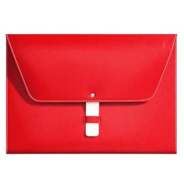 Imagem de Yufocusqc Pasta de arquivo A4 de couro PU grande porta-documentos à prova d'água com fecho feito à mão (vermelho)
