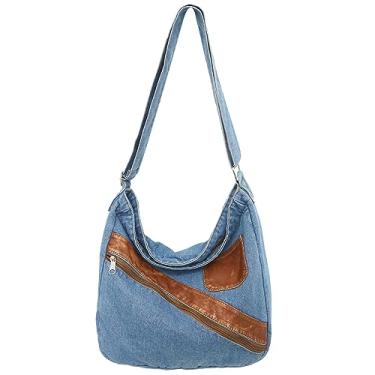Imagem de GOQUFOY Bolsa jeans para mulheres e homens, bolsa com zíper, bolsa jeans azul, bolsa de ombro de lona Hobo, Azul claro