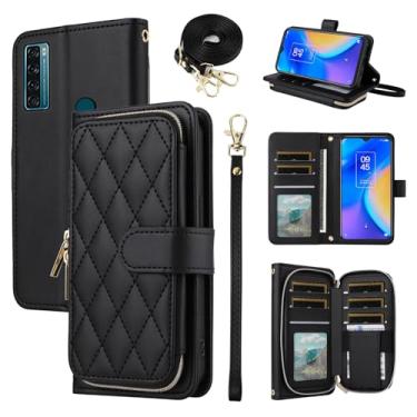 Imagem de Furiet Argyle Capa carteira para TCL 20 SE 6.82 com alça de pulso, 9+ compartimento para cartão com zíper bolsa luxuosa de couro PU para celular TCL20SE Android 11 TLC 20SE T6710 6,8 polegadas preta